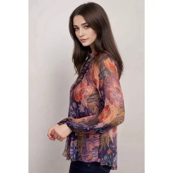 Johnny Was Jade Octavia Floral Silk Blouse Womens Large Oriental Semi Sheer - Picture 2 of 16